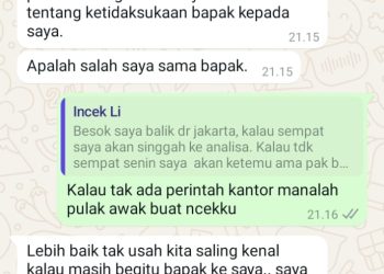 metrodeli/istimewa ANCAM : Mantan Kadisdik Batubara yang juga Kadiskominfo Provsu Ilyas Sitorus mengancam wartawan melalui WA, kemarin.