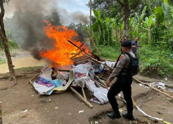 metrodeli/bray Satuan Reserse Narkoba Polrestabes Medan menggerebek dua sarang Narkoba di Desa Paya Geli, Kecamatan Sunggal, Kabupaten Deli Serdang dan membakar barak-barak narkoba di kawasan itu, Kamis 27 Februari 2025 sore.