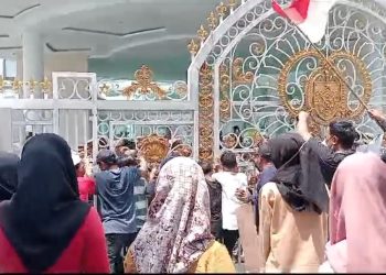 metrodeli/istimewa GOYANG PAGAR: Massa dari AMCTA menggoyang pagar saat menggelar aksi unjuk rasa di depan pintu gerbang kantor Gubernur Sumut Jalan Diponegoro Medan, Kamis 20 Februari 2025.