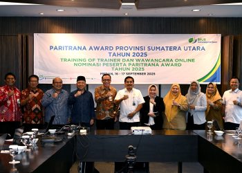 metrodeli/istimewa PARITRANA AWARD : Sekretaris Daerah Provinsi Sumatera Utara (Sumut) Togap Simangunsog didampingi Kepala Dinas Tenaga Kerja Sumut Yuliani Siregar, Kepala Biro Hukum Pemprov Sumut Aprilla Haslantini Siregar, Kepala Kantor Wilayah BPJS Ketenagakerjaan Kanwil Sumut I Nyoman Suarjaya, serta Wakil Kakanwil BPJS Sumut Arvino, menghadiri dan membuka Paritrana Award Provinsi Sumut Tahun 2025 di Grand City Hall Medan, Jalan Balai Kota No 1, Medan, Selasa 16 September 2025.
