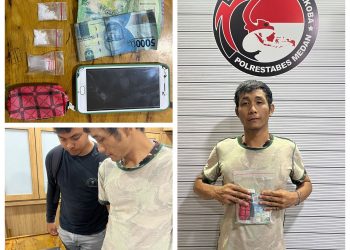 metrodeli/bardansyah DITANGKAP: Pelaku pengedar sabu yang ditangkap petugas Satresnarkoba Polrestabes Medan, Kamis 2 Oktober 2025 sekitar pukul 15.30 WIB di depan sebuah warung milik warga di Jalan Rawe V.