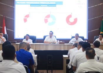 metrodeli/istimewa RAPAT EVALUASI: Walikota Medan Rico Waas saat memimpin rapat evaluasi pelaksanaan Tugas Satuan Pemantauan dan Perawatan Infrastruktur Kota (SAPA KOTA) di Balai Kota, Rabu 18 Februari 2026.